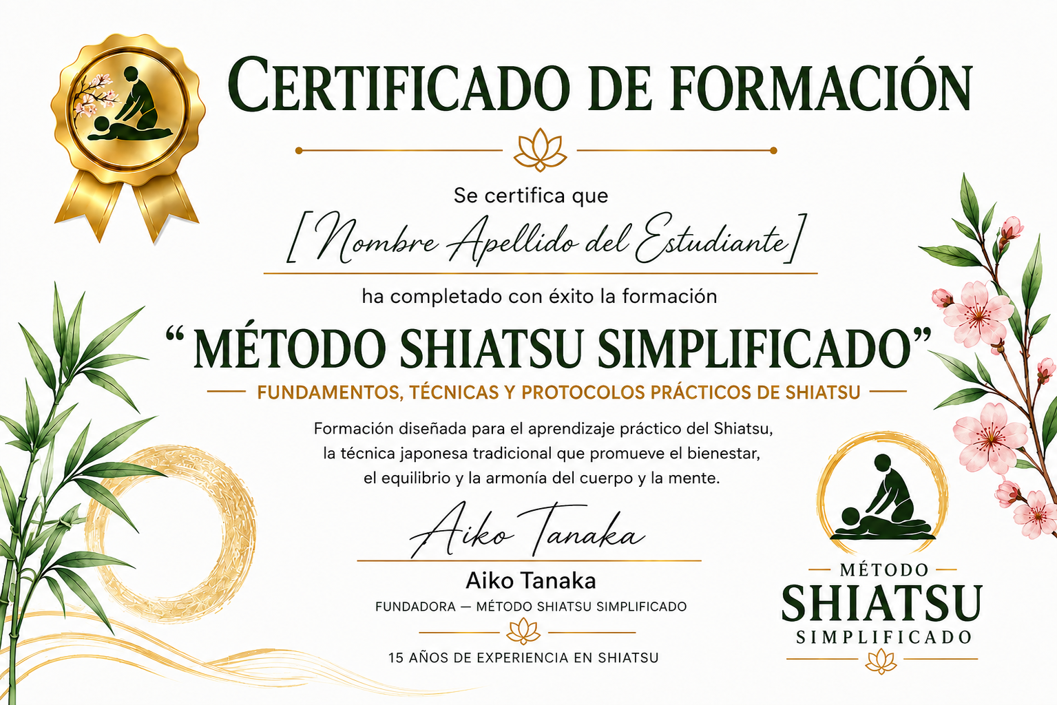 Certificado de formación — Método Shiatsu Simplificado