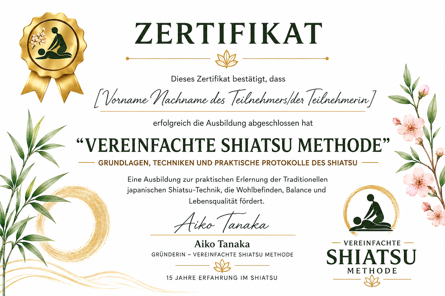 Ausbildungszertifikat — Vereinfachte Shiatsu-Methode